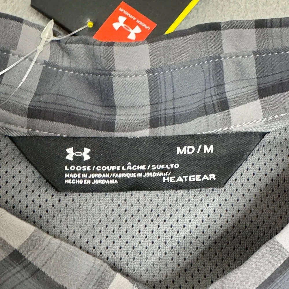 Under Armour Shirt Mens Medium Gray Plaid HeatGear Performance Fishing Hiking